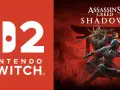 Logo de Nintendo Switch 2 junto a la portada de Assassin's Creed Shadows, con samuráis y ninjas en acción.