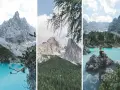 Drei Ansichten des Sorapis Sees mit türkisfarbenem Wasser, schroffen Bergen und grünen Wäldern. Eine Frau sitzt auf einem Felsen am Ufer.