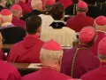 Männer in roten und weißen Roben mit rosa Kopfbedeckungen. Sie sitzen auf Holzbänken. Ein Mann trägt eine lila Stola. Wie wird man Kardinal?