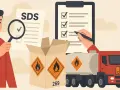 Mężczyzna sprawdza kartę charakterystyki (SDS) przy użyciu lupy. Obok znajduje się otwarte pudło z oznaczeniami materiałów niebezpiecznych, cysterna i lista kontrolna. To wszystko związane z konwencją ADR.