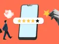 Un hombre de negocios camina hacia un teléfono con una reseña de 4 estrellas. Una mano añade la quinta estrella, ilustrando que es sampling.