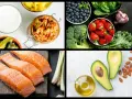 En samling livsmedel som passar för antiinflammatorisk kost: lax, bär, grönsaker, avokado, nötter och fermenterad mat.