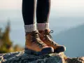 Brązowe buty trekkingowe na skale. Idealne na górskie wędrówki, sprawdź nasz ranking butów trekkingowych.