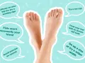 A pair of bare feet, with advice bubbles suggesting treatments like soaking feet in cold water with Epsom salt.