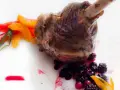Delicioso jarrete de cordero asado, acompañado de pimientos de colores, arándanos y una salsa roja.