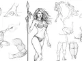 Dessin d'imagination : études de mains, d'une guerrière, de corps en mouvement et d'anatomie.