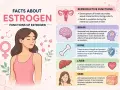 Ilustracja przedstawia funkcje estrogenu, kluczowego hormonu dla zdrowia kobiet, wpływając na układ rozrodczy, mózg, kości, wątrobę i skórę.