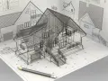 Szkic domu w formie siatki 3D na tle rysunków technicznych i wymiarów. To dokumentacja wykonawcza, która pokazuje szczegóły projektu.