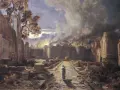 Scena biblijna: Sodoma i Gomora w ogniu. Postać w bieli odwraca się od płonącego miasta, symbolizując biblijną historię.