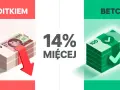 Zoditkiem vs Betclic: 14% więcej wygranych u bukmachera bez podatku. Stos banknotów z czerwoną strzałką w dół po lewej, zieloną ze znakiem "✓" po prawej.