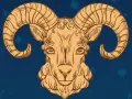 Ilustracja przedstawia głowę barana z charakterystycznymi, zakręconymi rogami. To znak zodiaku Baran, symbolizujący energię i odwagę.
