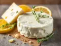 Un délice crémeux : fromage frais ail et fines herbes, garni de romarin frais, avec des tranches de citron et un morceau de fromage bleu en arrière-plan.