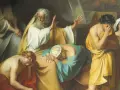 Noah, distraught, gestures as his sons mourn. This scene depicts the aftermath of Ham's transgression, leading to why Noah cursed Canaan.