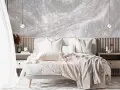 Traumhafte Ideen Wand hinterm Bett gestalten: Sternenhimmel-Tapete über Holzpaneelen, gemütliches Bett mit vielen Kissen und Decken.
