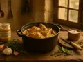 Un plat fumant de lapin à la moutarde, servi dans une cocotte en fonte, avec des ingrédients frais disposés autour.
