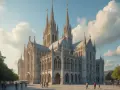 Majestatyczna katedra w stylu historyzm, z licznymi wieżyczkami i łukami, na tle błękitnego nieba z chmurami.
