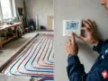 Mise en chauffe plancher chauffant avant carrelage : un technicien règle le thermostat. Les tuyaux rouges et bleus sont prêts pour le béton.