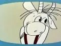 Koziołek Matołek w wierszu, z rogami i w szelkach, patrzy z ekranu.