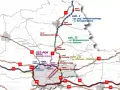 Mapa przedstawia przebieg drogi ekspresowej S7 i S52, z zaznaczonymi odcinkami, węzłami i miejscowościami.
