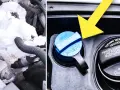 Fryst AdBlue-system i bilen. En gul pil pekar mot AdBlue-locket, bredvid diesellocket.
