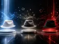 Drei Hüte (weiß, grau, schwarz) schweben über Podesten, umgeben von digitalen Netzwerken und Würfeln. Symbolisiert die verschiedenen Strategien im **white hat seo**.