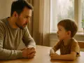 Ojciec poważnie rozmawia z synem przy stole. Chłopiec słucha uważnie, zastanawiając się, co to jest kłamstwo.