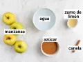 Ingredientes para compota de manzana: manzanas, agua, azúcar, limón y canela.