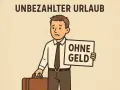 Trauriger Mann mit Koffer und Schild "OHNE GELD". Der Text darüber lautet "UNBEZAHLTER URLAUB". Er symbolisiert das Recht auf unbezahlten Urlaub, der aber ohne Geld nicht genossen werden kann.