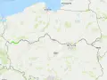 Mapa trasy rowerowej EuroVelo Polska, biegnącej przez Gdańsk, Warszawę i Łódź.