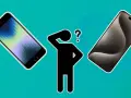 En person funderar vilken telefon har jag. Två iPhones, en äldre modell och en nyare, visas bredvid en tankfull figur.
