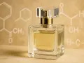 Elegancka butelka perfum na tle wzorów chemicznych, sugerujących aldehydy perfumy.