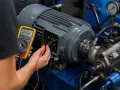 Elektryk sprawdza silnik do łuparki za pomocą multimetru. Urządzenie pokazuje 228.2V.