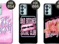 Trzy etui na telefon Oppo Reno 6 5G z różnymi wzorami: różowe z napisem "Pink Promise", czarne z napisem "Bad Bitches Social Club" i czarne z wizerunkiem dziewczyny i napisem "Boys like Toys".