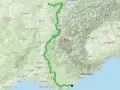Carte de France et d'Italie montrant un itinéraire vert traversant les Alpes, de la Suisse à la côte méditerranéenne, passant par Lyon, Grenoble et Monaco.