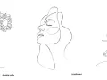 Trois dessins au trait continu : un bouquet de tournesols dans un vase, un profil de femme rêveuse, et une tête de cerf majestueuse. Un cerveau artistique qui capture la beauté avec simplicité.