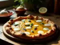 Apetyczna pizza bianca z pomarańczowym sosem, białymi kropkami sera i listkami bazylii, na drewnianym blacie.