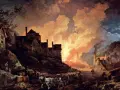 Un paisaje industrial con humo y fuego, que evoca **qué es la revolución industrial**. Casas y carretas con caballos completan la escena.