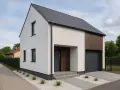 Nowoczesny projekt domu na wąską działkę z jednostanowiskowym garażem, białym tynkiem i drewnianą okładziną.