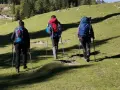 Tre escursionisti con zaini e bastoncini affrontano un sentiero in salita, godendosi i **percorsi trekking toscana**.