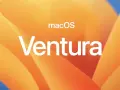Logo macOS Ventura na pomarańczowym tle z falistymi kształtami.