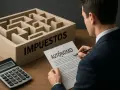 Hombre de traje frente a un laberinto con la palabra "IMPUESTOS". Sostiene un papel con "AUTÓNOMO" y una calculadora.