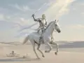 Un caballero en armadura plateada, montado en un caballo blanco, levanta una espada. Representa que significa el caballo de espadas en el tarot: acción y verdad.