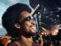 Un homme souriant avec des lunettes de soleil profite d'un concert en plein air. Il porte des bouchons d'oreilles, se demandant pourquoi pas de bouchon concert pour protéger son audition.
