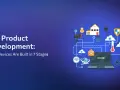 Illustration of IoT product development, showcasing smart home devices, security, and data flow, perfect for exploring new IoT startup ideas.