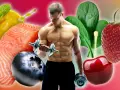 Un athlète musclé soulève des haltères, entouré d'aliments sains comme le saumon, les baies et les épinards, parfaits pour un régime anti inflammatoire avant sport.