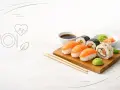 Sushi na desce, z sosem sojowym i wasabi. Poznaj sushi wartości odżywcze i ciesz się zdrowym posiłkiem.