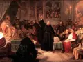 A monk preaches to a council of church leaders, including a Pope, during the Counter Reformation.