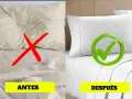 Lado izquierdo: sábanas amarillentas y arrugadas con una X roja. Lado derecho: sábanas blancas y lisas con una marca de verificación verde.