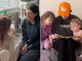 Mama po francusku, czytająca dzieciom bajki. Na lewym zdjęciu rozmawia z córką, na prawym czyta książkę dwóm pociechom.