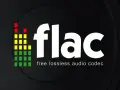 Logo FLAC z kolorowym wskaźnikiem poziomu dźwięku i tekstem "free lossless audio codec". Idealny dla miłośników wysokiej jakości dźwięku i niskiego flac bitrate.